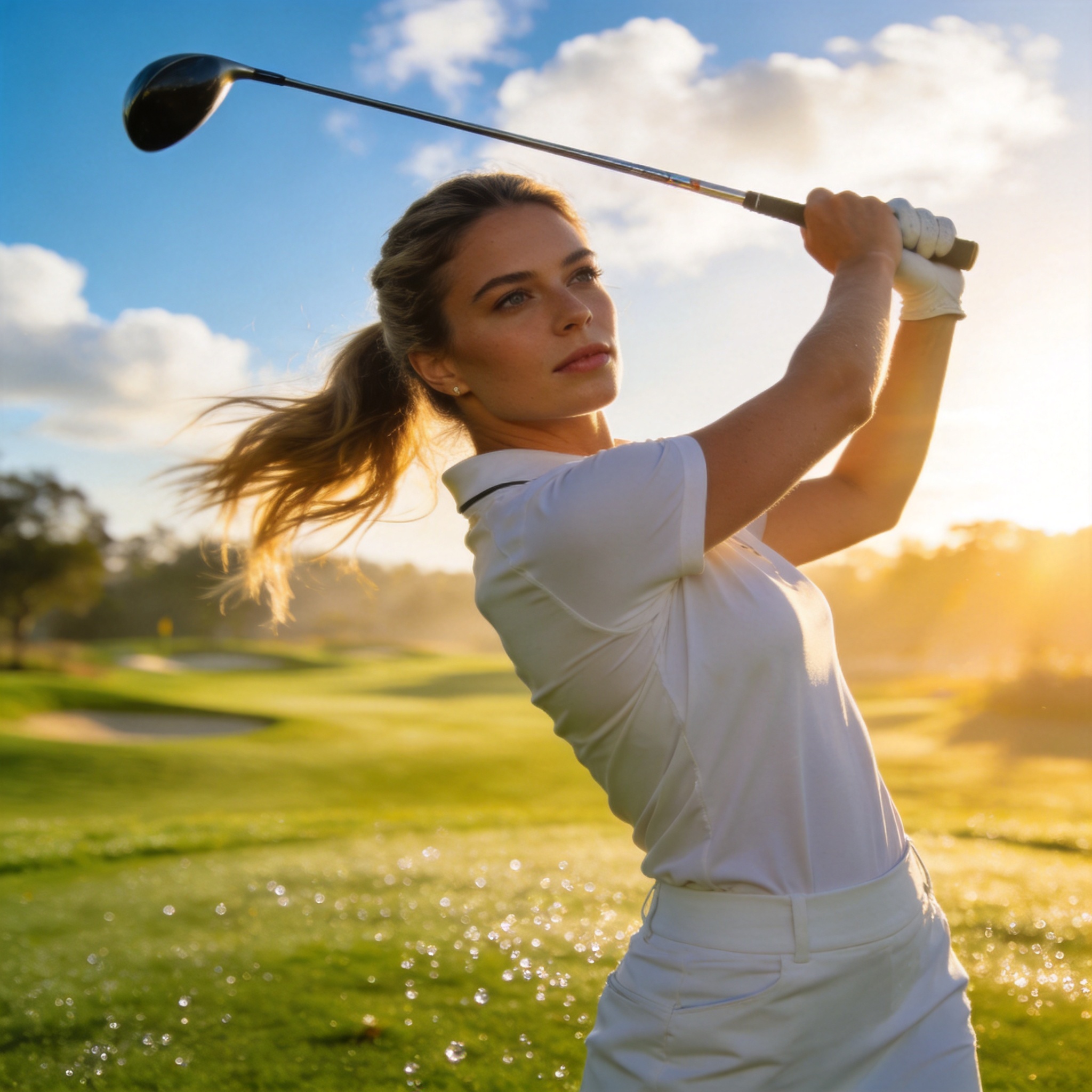 Female golfer on a sunny morning fairway